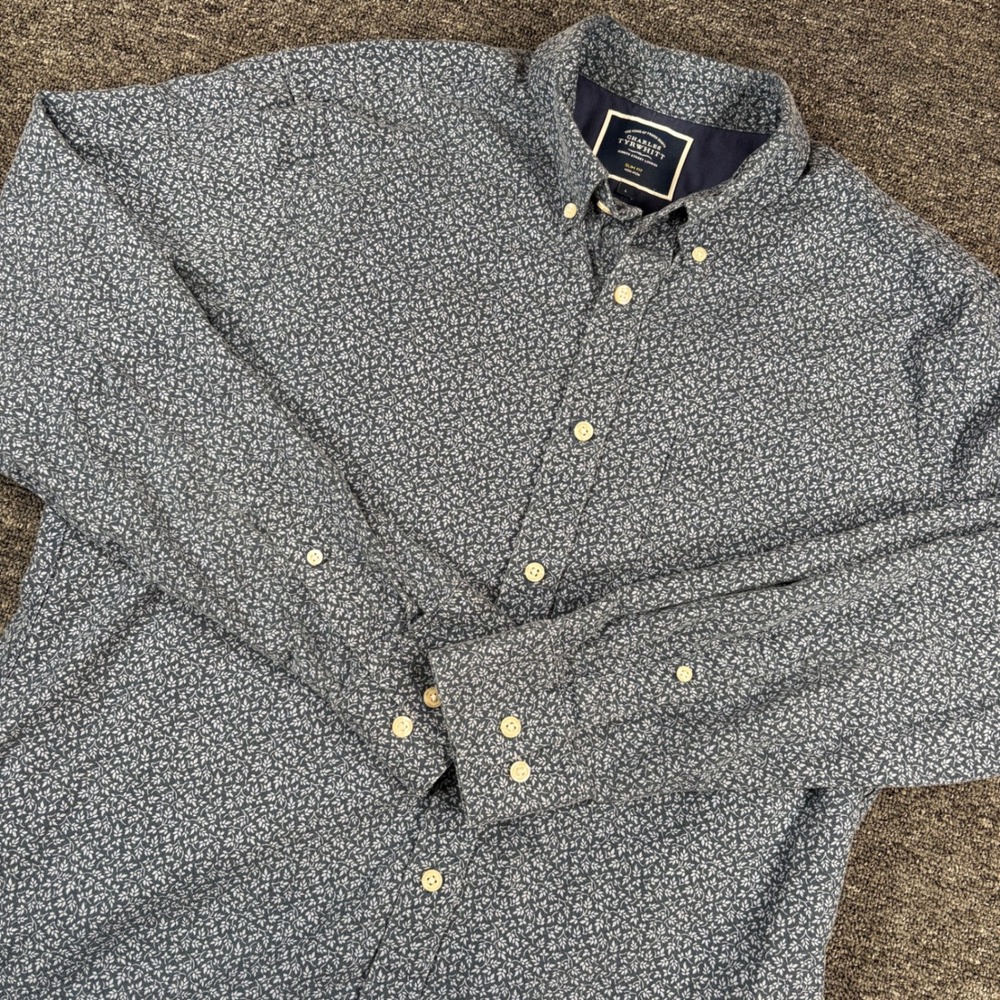 Charles Tyrwhitt Button Down Shirt Mens Large Blue Floral Slim Fit Non-Iron